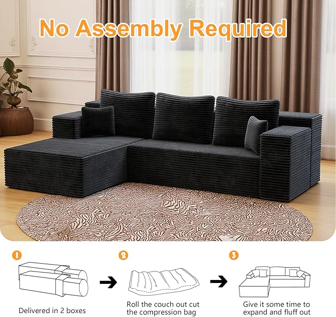 106'' Boneless Couches for Living Room, L Shaped Modular Sectional Sofa with Chaise Lounge, Faux Rabbit Fur & Layered Cushion Deep Seat Cloud Couch, No Assembly (Black, Left Facing Chaise)