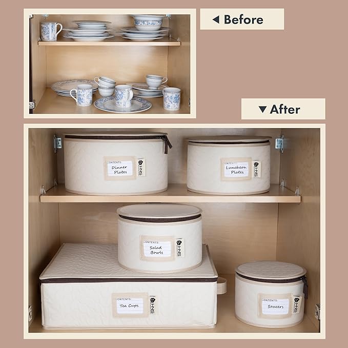 Hard Shell China Storage Containers 5-Piece Set Moving Boxes for Dinnerware, Glasses, Plates, Mugs and Saucers Sturdy Dish Organizer with Dividers for Seasonal Storage - Service for 12 - Beige Quilted