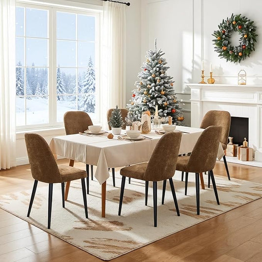 Upholstered Dining Chairs Set of 6, Mid Century Modern Fabric Dining Room Chair High-Back Padded Kitchen Chairs with Padded Seat and Metal Legs for Kitchen Dining Room Restaurant Cafe, Brown