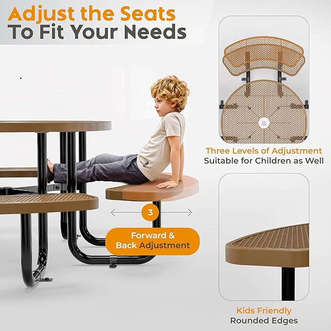 Metal Picnic Tables for Outdoors with Umbrella Hole - Coated Steel Heavy Duty Commercial Grade Furniture Set with Adjustable Seats (Brown, 38 in, Round, Expanded Steel)