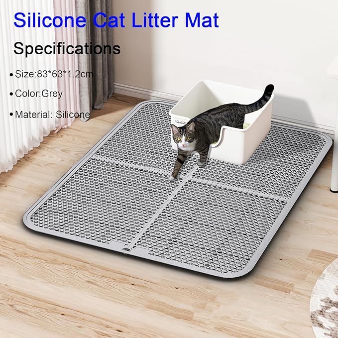 Large Cat Litter Mat, Large Kitty Litter Box Mat Waterproof Urine Proof Trapping, Easy Clean, Silicone Cat Supplies & Accessories for Indoor Pets (Grey, 32.67x24.8x0.47 in)