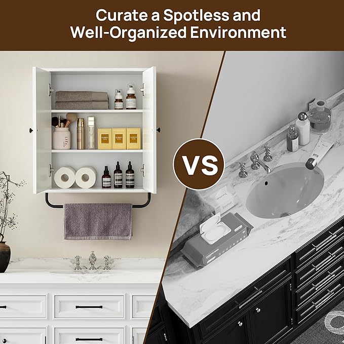 Bathroom Storage Cabinet with Adjustable Wood Shelves, Unique Arched Groove Design On The Door, Wall Mounted with Towels Bar, Over The Toilet Storage Cabinet with DTC Silent Buffering Hinge