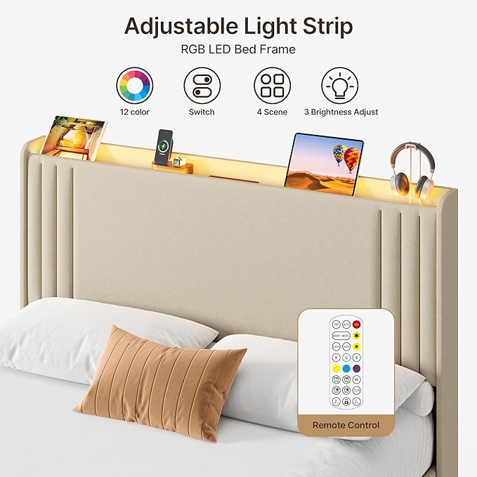 Gizoon Queen Bed Frame with Charging Station and LED Lights,Upholstered Wingback Platform Bed with Wooden Slats,Noise-Free,No Box Spring Needed