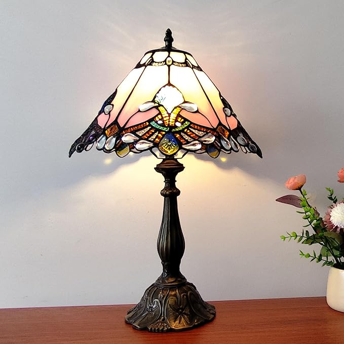 Tiffany Lamp Stained Glass Lamp 3 -Way Tiffany Style Antique Lamp Vintage Pink Baroque Style Bedside Table Light for Home Office (Included 3 Colors LED Bulb)