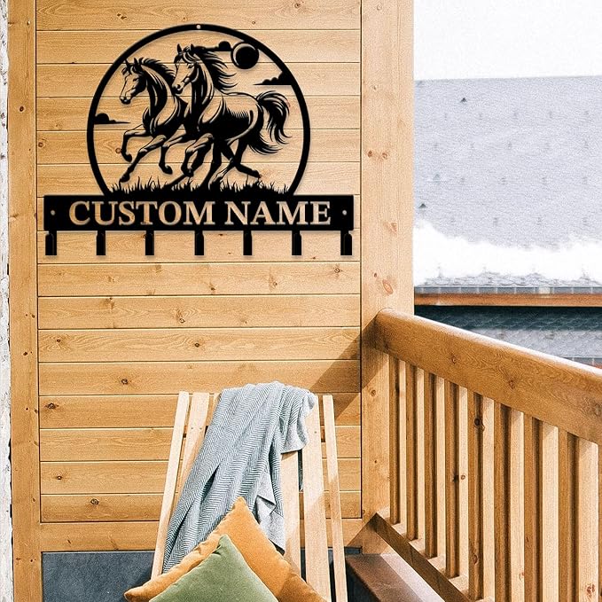 Personalized Custom Name Farm Horse Wall Key Hooks,Metal Horse Art Clothes Hooks,Metal Horse Wall Home Storage Decorative,For Front Door, Hallway, Kitchen, Bedroom,Keys,Hats (Style M)