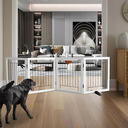 ZJSF Freestanding Dog Gate Indoor, Foldable Dog Fence for Doorways,Hallways or Stairs, Sturdy Wood Extra Wide Pet Gate with Support Feet,White,24 "Height-4 Panels