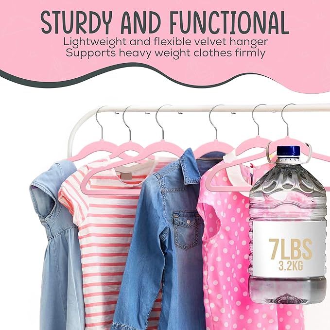 50 Premium Kids Velvet Hangers - 14" Non-Slip Clothes Hangers for Kids & Preteens - Ultra Slim, Space-Saving, Strong & Durable Hangers with 360° Swivel Hook - Pink