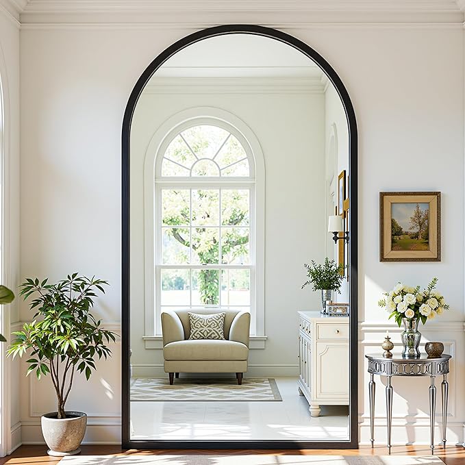 Full Length Mirror 82"×44" Floor Mirror Standing Tall Mirror, Arched Stand up Large Wall Mirrors, Freestanding Full Body Mirrors for Bedroom Living Room Wood Antique Style Black