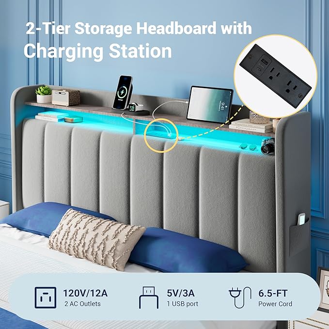 Allewie Velvet Vertical Tufted Full Size Upholstered Platform Bed Frame with 2-Tier LED Storage Headboard & 2 Storage Drawers, USB & Type-C Charging Ports, Noise-Free/No Box Spring Needed, Grey