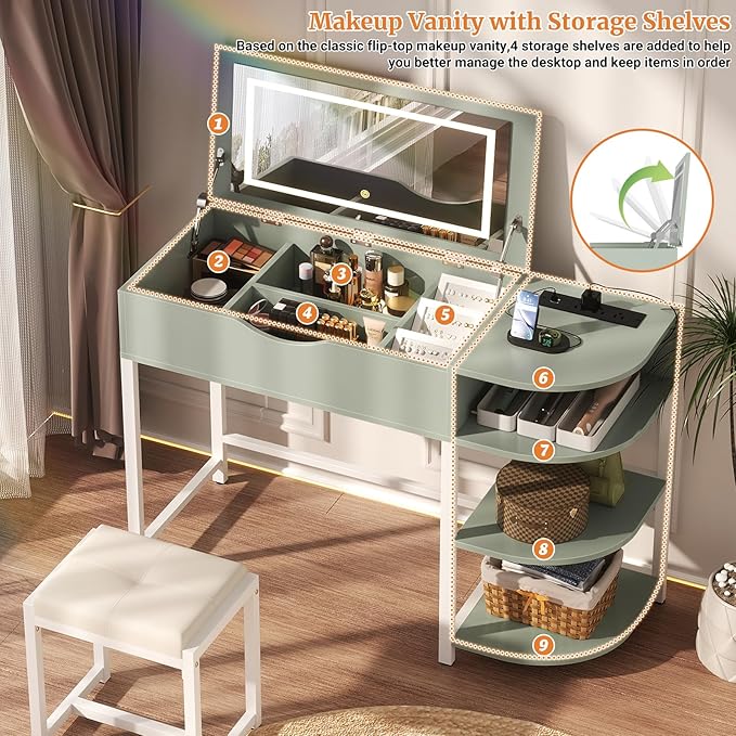 Cyclysio Vanity Desk with Flip Top Mirror and Lights, Makeup Vanity Desk with Drawers, Dressing Table with Storage Shelves & Charging Station, Small Vanity for Small Spaces, Green