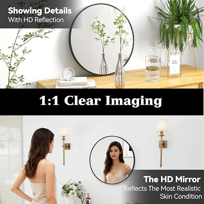 20" Round Mirror Circle Wall Mounted Hanging or Against Wall Metal Frame Dressing Make-up Mirrors for Entryway Bedroom Bathroom Living Room 20 inch Black