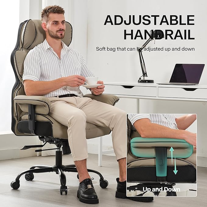 Big and Tall Office Chair 400lbs Wide Seat,High Back Gaming Chair with Foot Rest, Ergonomic Reclining Executive Office Chair Lumbar Support,Leather Computer Chair Adjustable Arm(Black Beige)