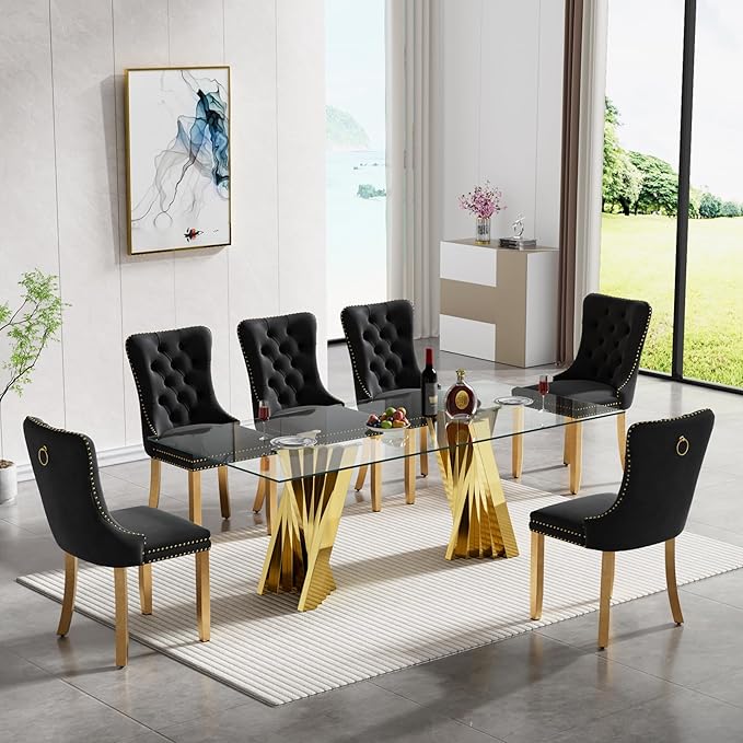 HomVent 70.08" Rectangular Clear Tempered Glass Dining Table,Stylish Design with Golden Stainless Steel Legs, Dining Table for Dining Room