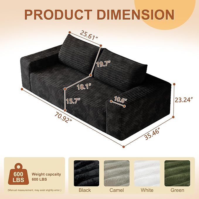 71" Corduroy Loveseat Sofa, 3-Seater Cloud Couch, Boneless Couch in a Box, Comfy Deep Seat Sofa with Memory Foam, Pillows and Wide Armrests, Modern Small Couches for Small Spaces, No Assembly (Black)