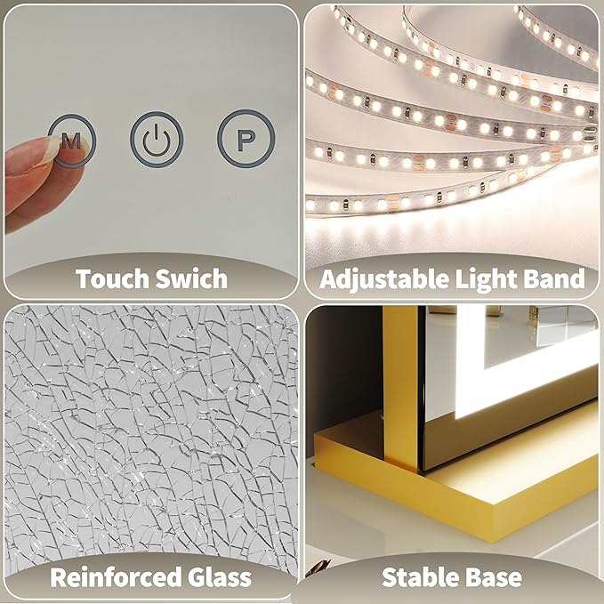 FENNIO 23" x 18" Vanity Mirror with Lights，LED Makeup Mirror，Hollywood Mirror with 3 Color Modes & Adjustable Brightness，Vanity Mirror Square Gold