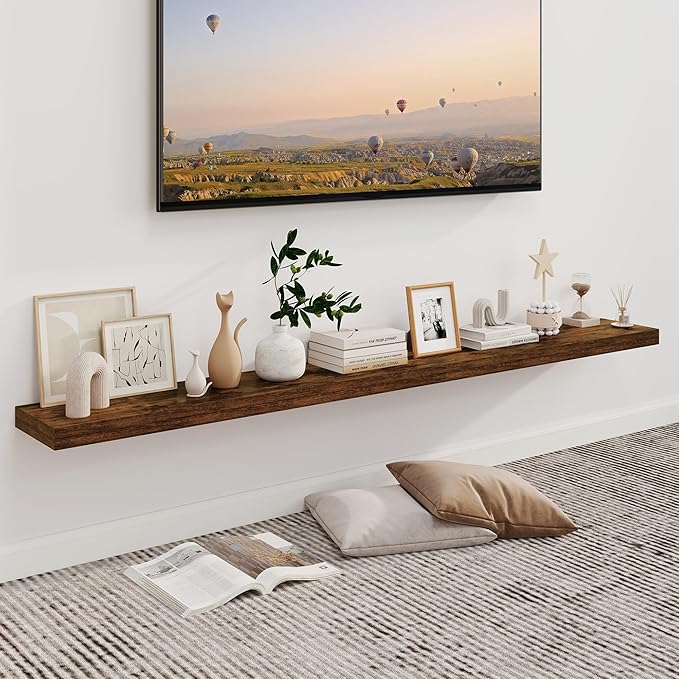 Fun Memories 66 Inch Fireplace Mantel - Long Floating Shelf, Wall Mounted Farmhouse Display with Invisible Heavy Duty Metal Bracket, Brown, 2 Pack