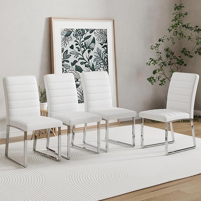 Modern Dining Chairs Set of 4, White Faux Leather Kitchen Chairs, Upholstered Armless Dining Room Chair with Gold Mental Legs Heavy Duty, Comfortable (White Chairs, Set of 4)