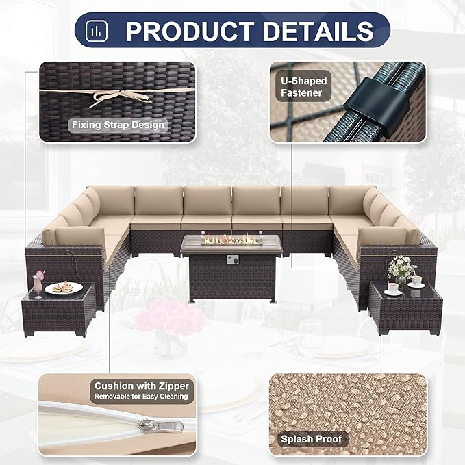 Kurapika 15 Pieces Patio Furniture Set, Rattan Wicker Outdoor Conversation Sets w/43in Propane Fire Pit Table and 4 Inch Cushion(Sand)