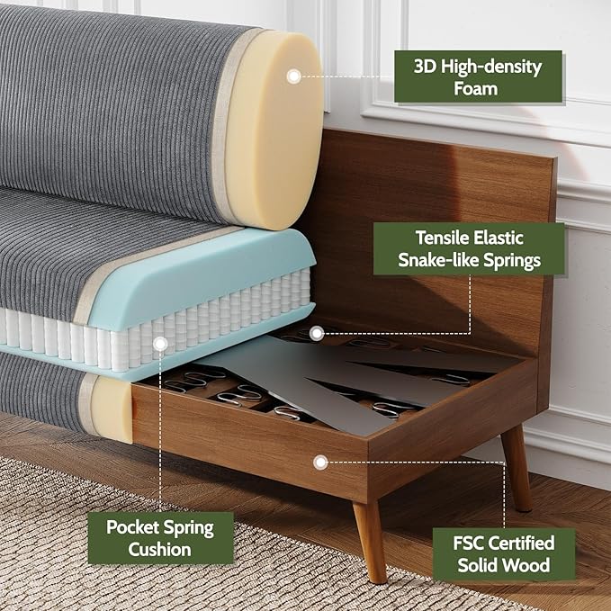 WEUP 68" Loveseat Sofa Grey Corduroy Couch, Mid Century Modern Love Seat Couches for Living Room, Small Loveseat for Bedroom Office, Comfy Sofa with Spring Cushion, Solid Wood, Tool-Free Assembly