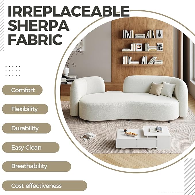 Sherpa Curved Loveseat Sofa, Modern Upholstered Couch with Solid Wood Frame, Thick Foam Cushion, Compact Comfy Sofa for Apartment, Living Room or Office – Ivory White