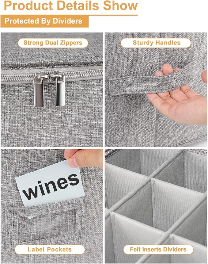 punemi Wine Glass Storage Box, Glassware Storage Containers W/Rigid Top Side Bottom Support & Padded Dividers, Stackable Stemware Storage Case for 24 China Crystal Glasses Drinkware, Moving Supplies