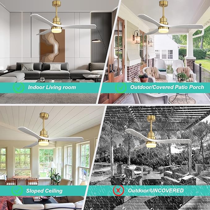 Sofucor Ceiling Fan with Lights, 52 Inch Low Profile Flush Mount Mordern Wood Ceiling Fan with Remote for Indoor Farmhouse Bedroom Living Room Outdoor Patio Porch, Reversible DC Motor, Noiseless