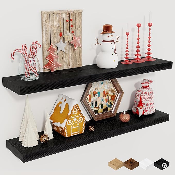 Fun Memories 32Inch Floating Shelves for Wall 2 Pack Wood Shelves for Kitchen, Bathroom, Bedroom Wall Mounted Rustic Wood Floating Shelf with Invisible Brackets for Books, Storage, Decor, Black