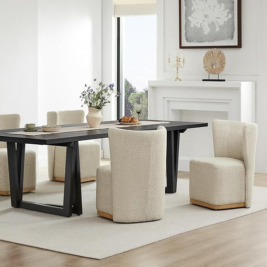 CHITA Upholstered Rolling Dining Chair on Casters Set of 4, FSC Certified Modern Curve Back Dining Chair with Casters, Boucle Dining Chairs for Reading Room Waiting Room Kitchen Dining Room, Oatmeal