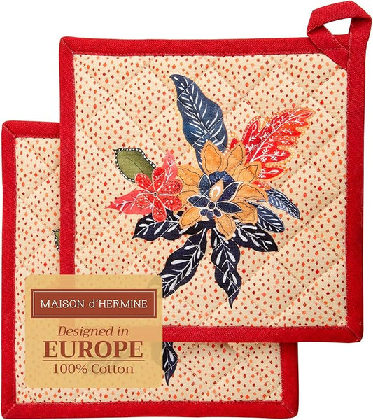 Maison d' Hermine Pot Holders Set 100% Cotton Heat Resistant Potholders 8" x 8" Hot Pads with Loop for Thanksgiving Christmas Decorations BBQ Cooking Baking Handling Hot Pans (Pack of 2, Kalahari)