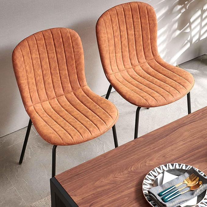 Set of 4 Upholstered Dining Chairs, Vintage Home Kitchen Chairs Faux Leather PU, Modern Mid-Centuray Accent Chairs with Metal Legs for Vanity