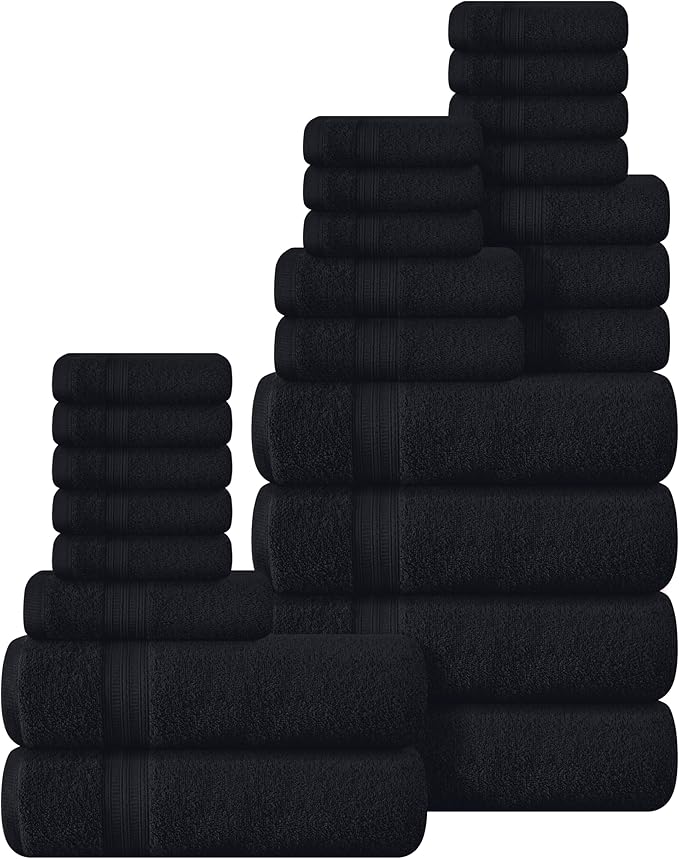 BOUTIQUO 24 Pack Cotton Towel Set, Contains 6 Bath Towels 27x54 inch, 6 Hand Towels 16x24 inch & 12 Wash Coths 12x12 inch, Ideal Everyday use, Ultra Soft Compact & Lightweight - Black