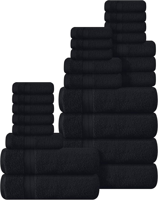 BOUTIQUO 24 Pack Cotton Towel Set, Contains 6 Bath Towels 27x54 inch, 6 Hand Towels 16x24 inch & 12 Wash Coths 12x12 inch, Ideal Everyday use, Ultra Soft Compact & Lightweight - Black