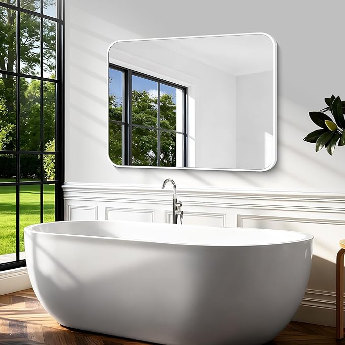 BONEWEI White Bathroom Mirror,36x48 inch Wall Mirror for Bathroom Wall Mounted,Rectangle Mirror for Bathroom Over Sink,Modern Frame Round Corner for Living Room,Bedroom Entryway,Horizontal/Vertical
