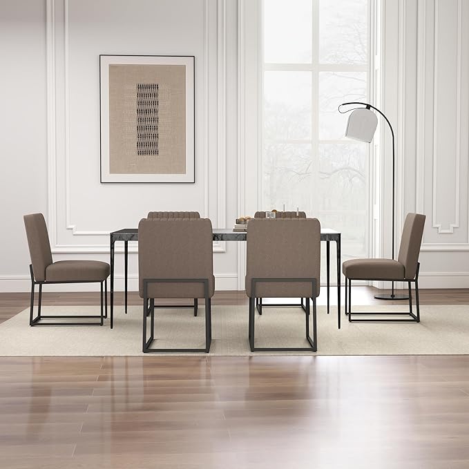 VKNOW Upholstered Dining Chairs Set of 6, Modern Dining Room Chairs with Stripe, Linen Kitchen Chair Dinner Chair with Black Metal Base for Kitchen Office, Brown