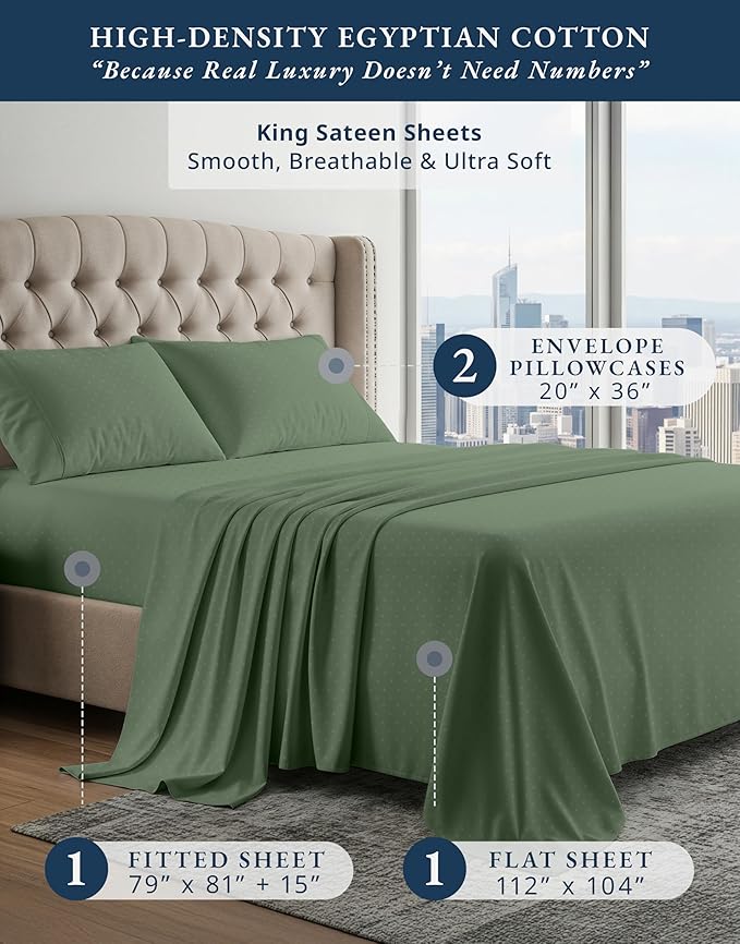 LANE LINEN Luxury Hotel Style 100% Egyptian Cotton Bed Sheets King Size, Mercerized Cotton, Silky Finish, No Pill Fade Resistant King Sheets & Pillowcases Jaquard Swiss Dot - Iceberg Green