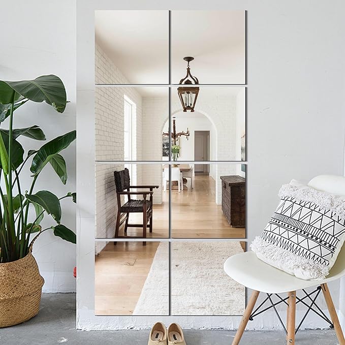 Vlush Full Length Wall Mirror Tiles 13'' x 13'' x 8PCS Adhesive Full Body & Full Length Mirror Wall Mounted Mirrors Decorative for Home Gym, Door, Bedroom & Bathroom