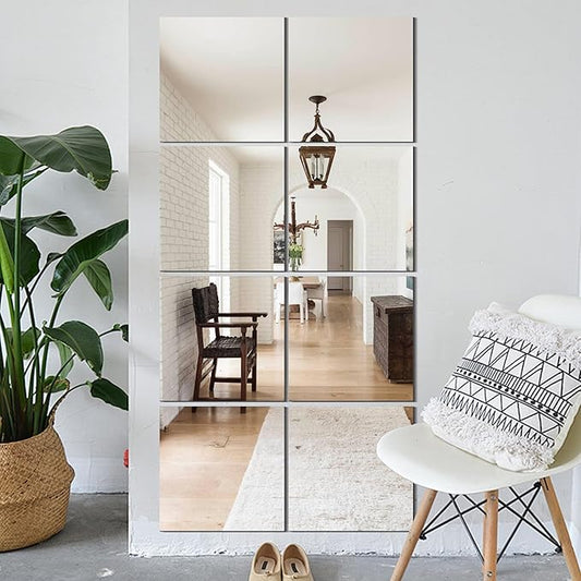 Vlush Full Length Wall Mirror Tiles 13'' x 13'' x 8PCS Adhesive Full Body & Full Length Mirror Wall Mounted Mirrors Decorative for Home Gym, Door, Bedroom & Bathroom