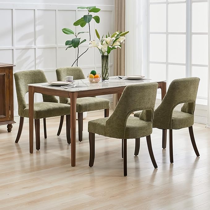 UVV Wooden Dining Chairs Set of 2, Mid Century Modern Chenille Upholstered Dining Room Chair Kitchen Chairs, Farmhouse Dinner Chair with Solid Wood Legs for Kitchen Dining Room, Green