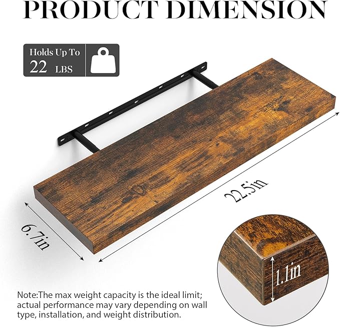 BAYKA Floating Shelves, 22.5 inches Rustic Wood Wall Shelves for Bathroom，Bedroom, Living Room, Kitchen & Book, Hanging Display Decor Organization Shelf with 22 lbs Capacity (Rustic Brown)