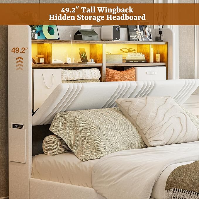 IKIFLY Queen Bed Frame with Hidden Storage Headboard & 4 Drawers, 49.2” Tall Upholstered Wingback Headboard with LED Lights and Charging Station, No Box Spring Needed, Solid Wood Slats, White