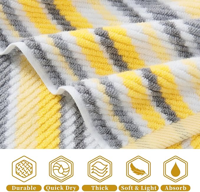 Quick Dry Bath Towels for Bathroom, 4 Pack 28"x52" - 100% Cotton | Soft | Absorbent | Lightweight, Bath Towels with Hanging Loops, Luxury Towel Set for Showering & Guset, Yellow and Gray Stripe