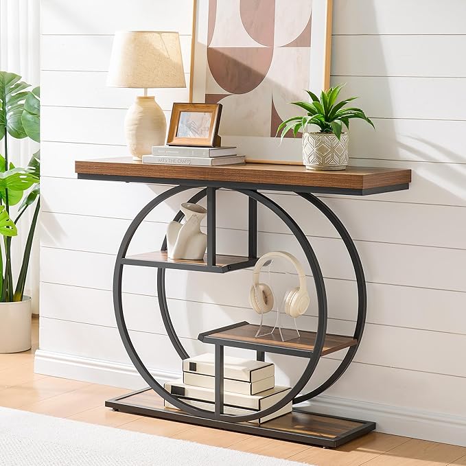 41.3" Sofa Table, Industrial 4-Tier Entryway Table with Circle Base and 1.7" Thickened Top, Narrow Console Table with Storage for Living Room, Hallway, Foyer, Rustic Brown