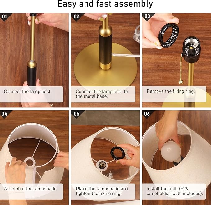 18.9" Bedside Lamps Set of 2 Small Vintage Table Lamp for Bedroom Nightstand Lamp for Living Room 3-Color Temperatures Pull Chain Wood Fabric for Home Office Dorm Decor (Light Brown+Brass)