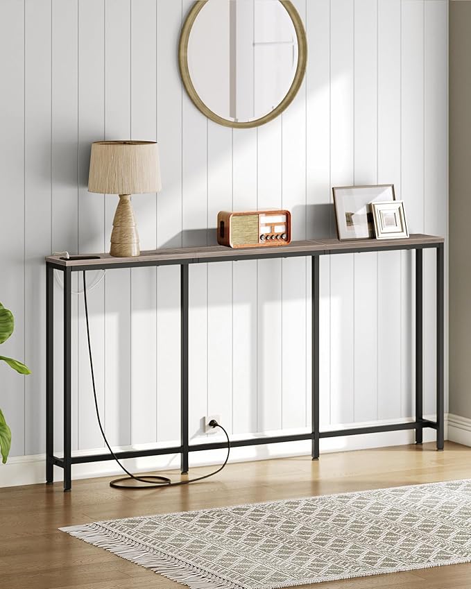 62.99" Narrow Console Table with Power Outlet 7.1" Skinny Sofa Table, Long Behind Couch with Charging Station for Hallway, Living Room Greige and Black TXG16UBG