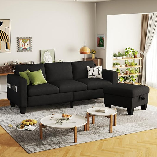 ZeeFu Convertible Sectional Sofa Couch: Classic 3 Seat L-Shaped Sectional Sofa Couches with Storage Ottoman - Modern Black Velvet Upholstered Sofa Set for Living Room Office Small Space Apartment