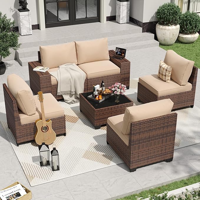 Aoxun 6 Pieces Patio Furniture Set Wicker Rattan Outdoor Sectional Conversation Set with Coffee Table and 4” Thickened Cushions, Beige (Waterproof Cover Included)