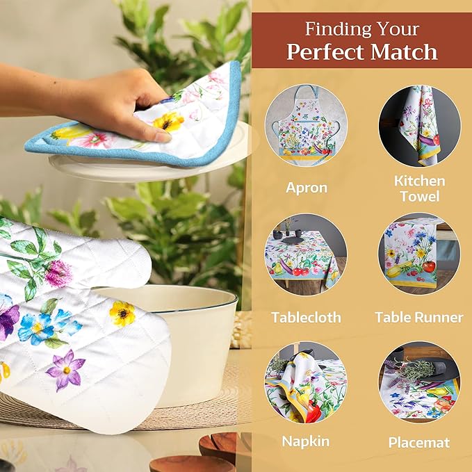 Maison d' Hermine Oven Mitts 100% Cotton Oven Mitt (7.5inch X13'') Easter Heat Resistant Oven Mitt BBQ Cooking Gloves with Loop for Baking, Grilling, Home, Handling Hot Pans, Giverny - Spring/Summer