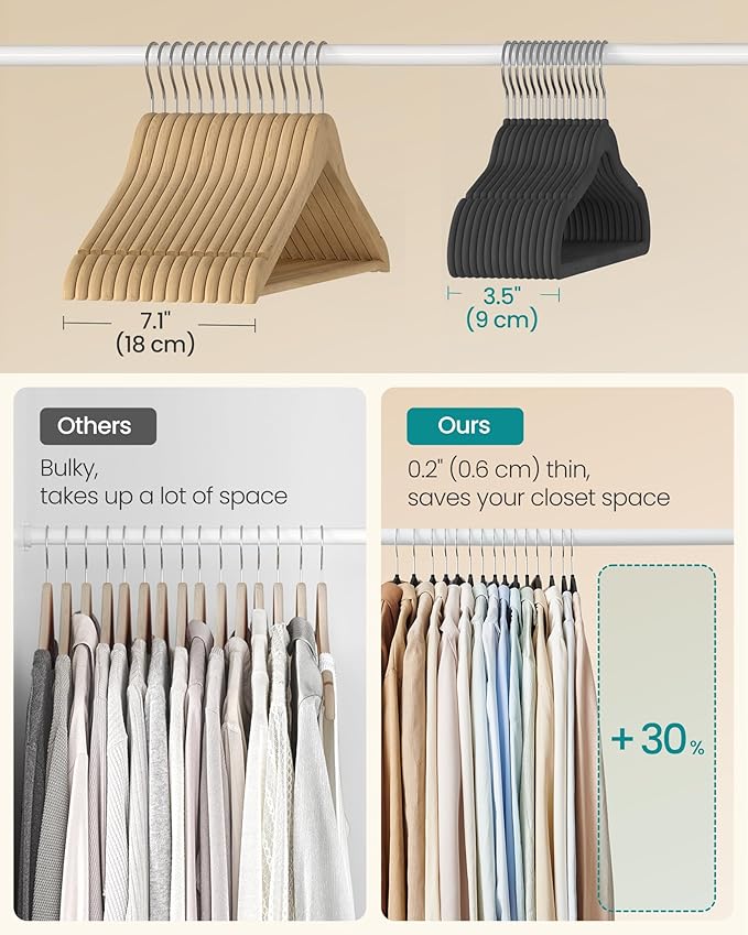 SONGMICS Velvet Hangers 100 Pack, Non-Slip Clothes Hangers with Silver-Colored Swivel Hooks, Slim Space-Saving for Closet, Heavy-Duty, Black UCRF026BZ02S