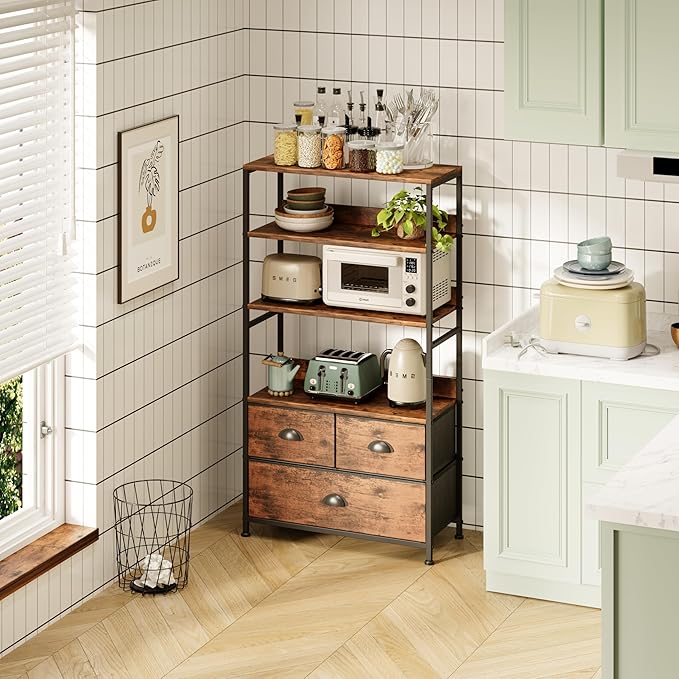 6 Tier Bookshelf, 47-Inch Small Bookcase with 3 Fabric Storage Drawers, Wood and Metal Book Shelf Storage Organizer, Industrial Display Standing Shelf Unit for Bedroom, Living Room, Rustic Brown