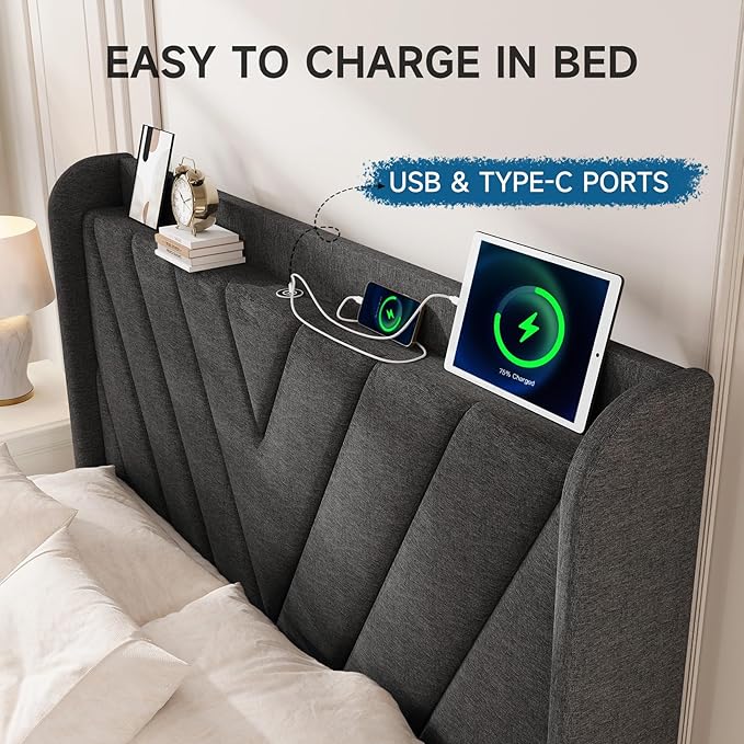 koorlian Full Size Bed Frame, Full Bed Frame with Headboard, Adjustable Upholstered Bed with Type-C&USB Port, Wingback Storage Headboard, Noiseless, No Box Spring Needed, Dark Gray